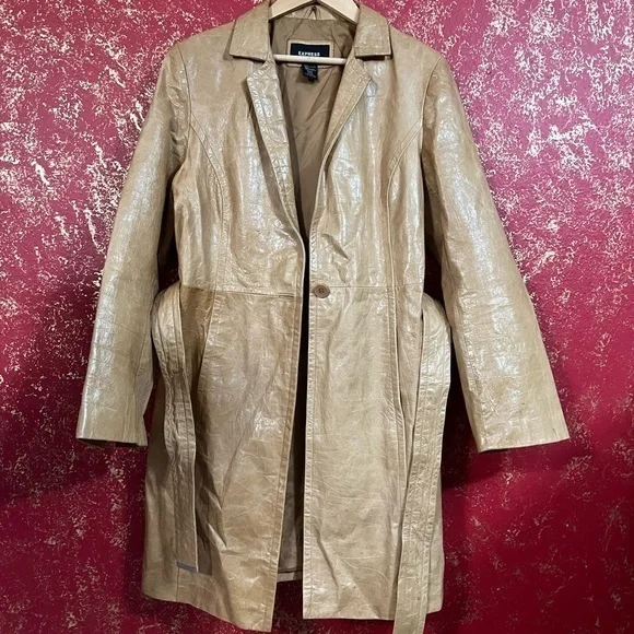 EXPRESS Y2K Vintage Camel Tan Belted Leather Jacket Trench Coat 12